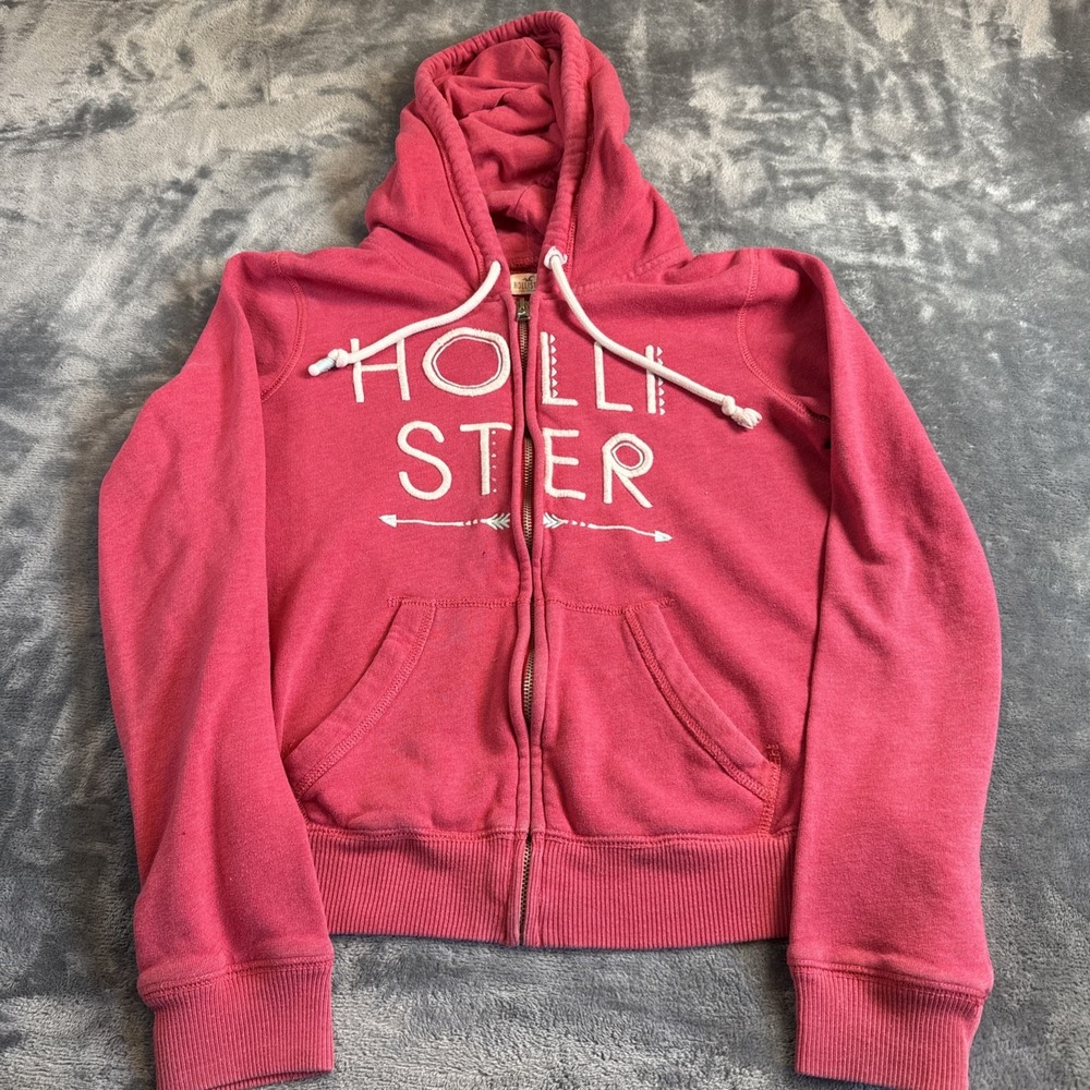 Hollister Hoodie Womens Medium Pink Full Zip Sweatshirt Surf Spellout Cotton Y2K